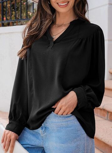 Dokotoo Womens Blouses Tops for Women Trendy V Neck Smocked Blouses for Women Dressy Casual Long Sleeve Shirts for Women in Saudi Arabia