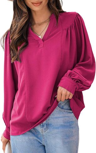 Dokotoo Womens Blouses Tops for Women Trendy V Neck Smocked Blouses for Women Dressy Casual Long Sleeve Shirts for Women in Kuwait