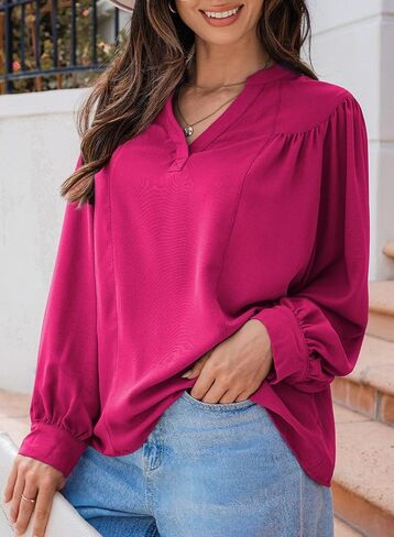 Dokotoo Womens Blouses Tops for Women Trendy V Neck Smocked Blouses for Women Dressy Casual Long Sleeve Shirts for Women in Kuwait