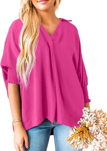 Merryfun Women's Summer V Neck Shirts 3/4 Sleeve Oversized Dressy Blouses Loose Collared Shirt Casual Solid Tunic Tops in Saudi Arabia
