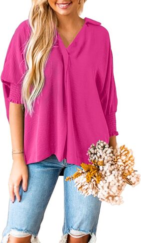 Merryfun Women's Summer V Neck Shirts 3/4 Sleeve Oversized Dressy Blouses Loose Collared Shirt Casual Solid Tunic Tops in Saudi Arabia