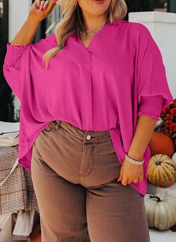 Merryfun Women's Summer V Neck Shirts 3/4 Sleeve Oversized Dressy Blouses Loose Collared Shirt Casual Solid Tunic Tops in Saudi Arabia