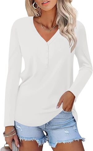 Rapbin Womens Long Sleeve Tops V Neck Button Down Basic Tunic Blouse Fall Winter Spring Trendy Dressy Casual Shirts in Saudi Arabia