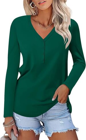 Rapbin Womens Long Sleeve Tops V Neck Button Down Basic Tunic Blouse Fall Winter Spring Trendy Dressy Casual Shirts in Saudi Arabia