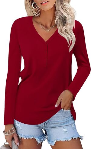 Rapbin Womens Long Sleeve Tops V Neck Button Down Basic Tunic Blouse Fall Winter Spring Trendy Dressy Casual Shirts in Saudi Arabia