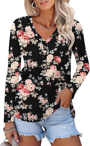 Rapbin Womens Long Sleeve Tops V Neck Button Down Basic Tunic Blouse Fall Winter Spring Trendy Dressy Casual Shirts in Saudi Arabia