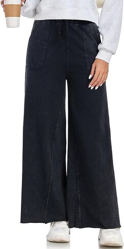 HOUZONIY المرأة واسعة الساق الرباط مع جيوب عالية الخصر السراويل حمض غسلها عارضة Sweatpants للنساء in Saudi Arabia