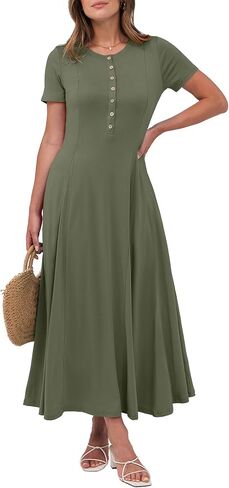 ANRABESS Women's Summer Casual Maxi Dresses Short Sleeve Button Fit and Flare A-Line Flowy Long T Shirt 2025 Vacation Dress in Saudi Arabia