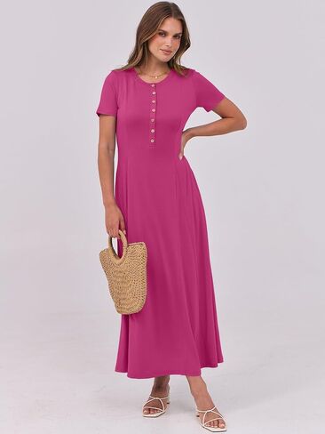 ANRABESS Women's Summer Casual Maxi Dresses Short Sleeve Button Fit and Flare A-Line Flowy Long T Shirt 2025 Vacation Dress in Saudi Arabia
