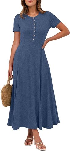 ANRABESS Women's Summer Casual Maxi Dresses Short Sleeve Button Fit and Flare A-Line Flowy Long T Shirt 2025 Vacation Dress in Saudi Arabia
