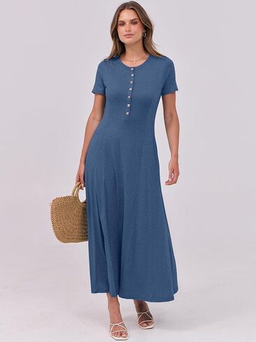 ANRABESS Women's Summer Casual Maxi Dresses Short Sleeve Button Fit and Flare A-Line Flowy Long T Shirt 2025 Vacation Dress in Saudi Arabia