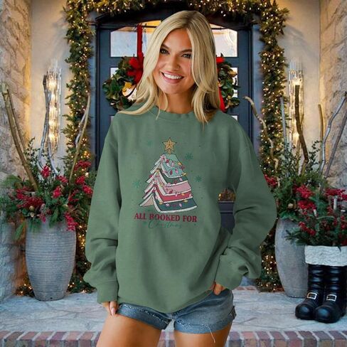 Women All Booked For Christmas Sweatshirt Xmas Book Tree Long Sleeve shirt Librarian Christmas Holiday Tops in Saudi Arabia