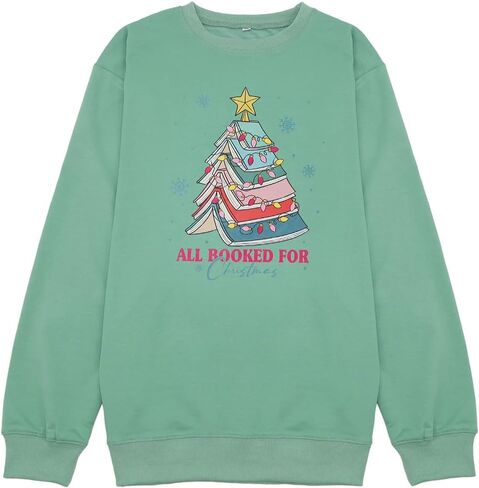 Women All Booked For Christmas Sweatshirt Xmas Book Tree Long Sleeve shirt Librarian Christmas Holiday Tops in Saudi Arabia