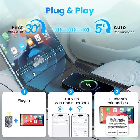 محول Carplay لاسلكي صغير مع اتصال بلوتوث واي فاي سريع ومستقر 5 جيجا هرتز، سلكي إلى محول Carplay اللاسلكي لأجهزة Apple، متوافق مع iPhone 6 أو أعلى/iOS10+ والسيارات من 2016 in Saudi Arabia