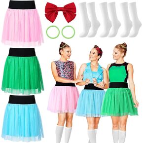 Foaincore 9 Pcs Halloween Bubbles Costume Colorful Tutu Skirt Red Bow Hair Clips Green Elastic Bands White Women's Knee High Socks for Adult Mini Dress