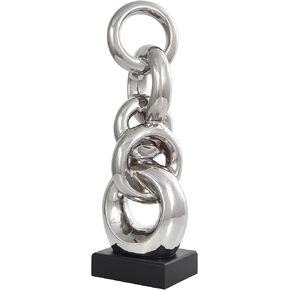 Deco 79 Ceramic Abstract Decorative Sculpture Stacked Chain Link Home Decor Statue with Black Block Base, Accent Figurine 6" x 5" x 17", Silver