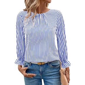 LOLONG Womens Tops 2024 Fall Long Sleeve Crew Neck Print Work Chiffon Blouses Dressy Casual with Back Button Closure