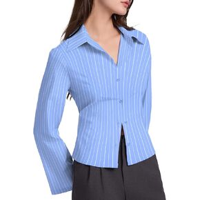 Womens Button Down Shirt Striped Flare Sleeve Tops Fashion Collared Dress Shirts Work Office Blouses