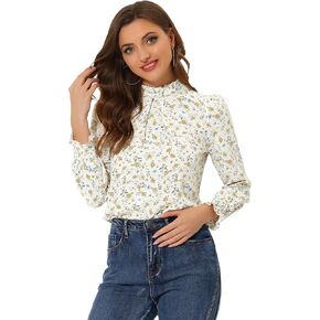 Allegra K Women's Printed Ruffled Mock Neck Puff Long Sleeve Casual Blouse Top