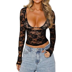 Women Y2K Lace Crop Top Sheer See Through Going Out Tops