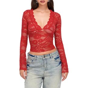 Women Y2K Lace Crop Top Sheer See Through Going Out Tops in Kuwait