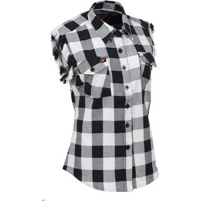 Milwaukee Leather MNG21625 Women's Flannel Down Sleeveless Shirt w/Button Black/White & Cut Off Frill Arm Hole