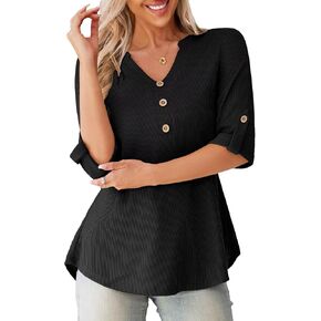FOLUNSI Women's Plus Size Blouses Casual V Neck 3/4 Roll Sleeve Tunic Tops Waffle Shirt L-4XL