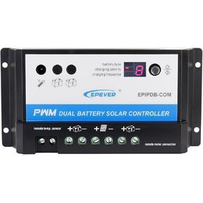 EVPEVER 10A Solar Charge Controller 12V/24V Auto Working Dual Battery Solar Panel Charge Controller PWM 10AMP Intelligent Solar Panel Batteries Regulator for Motorhome, Caravan, Boat