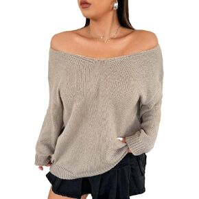Verdusa Women's Plus Size Long Sleeve Off The Shoulder Sweaters Tie Back Oversized Knit Top Pullovers