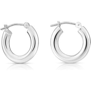 14K White Gold Classic Chunky Hoop Earrings, Solid White Gold Chunky and Lightweight Shiny Hoops, 3mm Tube Thickness