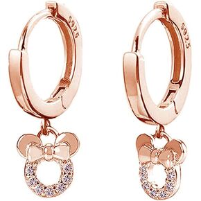 Small Mouse Dangle Hoop Earrings for Women 925 Sterling Silver Pink Cubic Zirconia Charm Animal Mice Huggie Sleeper Hoops Cartilage Hypoallergenic for Sensitive Ear Jewelry (Rose-Gold-Toned)