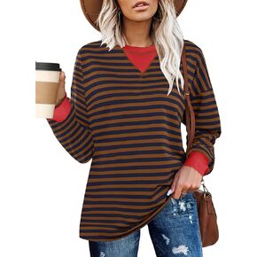 Rapbin Womens Oversized Sweatshirt Crewneck Long Sleeve Colorblock Striped Shirts Side Slit Lightweight Pullover Tunic Tops