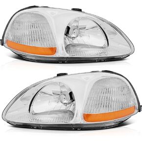 Headlight Assembly for Honda Civic 1996-1998 Chrome Housing Amber Reflector Clear Lens Driver and Passenger Side Headlamp