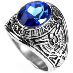 Military United States Army Ring Men's Stainless Steel Red Ruby Blue CZ Oval Glass Stone Bands Ring, Size 7 to 13