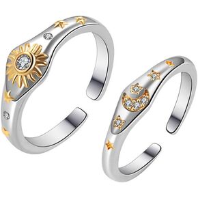 Sun & Moon Star Couple Promise Matching Ring for Women Men CZ Crystal Adjustable Engagement Wedding Romantic Band Rings Birthday Anniversary Valentine's Jewelry Gift for Lover Him and Her Best Friends