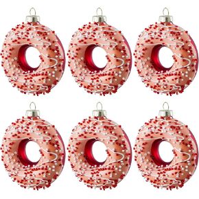 Christmas Ornaments Pink Frosted & Burgundy Red Donut,6Pcs Blown Glass Ornaments Hanging Dessert Food Ornaments Cute Sweet Pink Christmas Ornaments for Xmas Tree,Party,Wedding Decorations-3.35"/85mm