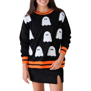 المرأة لطيف هالوين بلوزات الترتر مخيف شبح الجرافيك كنزة بمقاس كبير Crewneck كم طويل سترة القمم