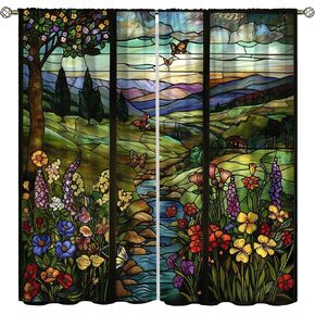 Stained Glass Window Curtains,Mid Century Vintage Landscape Boho Floral Botanical Bedroom Living Room Window Treatments Drapes 42" W X 45" L