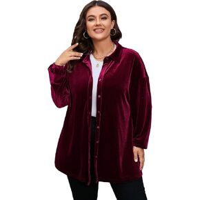 WDIRARA Women's Plus Size Button Front Long Sleeve Collar Velvet Shirt Long Top