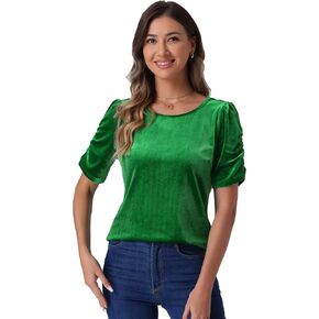 Allegra K Velvet Top for Women's Round Neck Puff Short Sleeve Party Clubwear Blouse