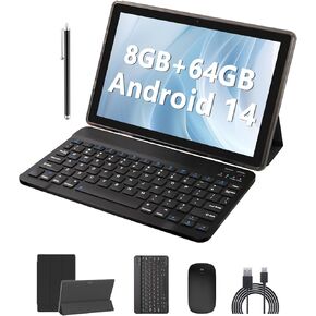Android 14 Tablet 10 Inch, 2 in 1 Tablets with Keyboard/ Mouse/ Case/ Stylus, 8GB RAM+64GB ROM/1TB Expand Tablet, 1.8Ghz Quad-core Processor, 1280*800 HD Touch Screen, 8MP Camera, 5G WIFI 6 Tablet