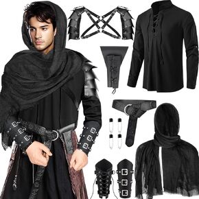 3 PCS Renaissance Accessories, Medieval Viking Belt and Ren Faire Leather Gauntlets Leather Bracers, Halloween Cosplay Costume for Pirate Men Black