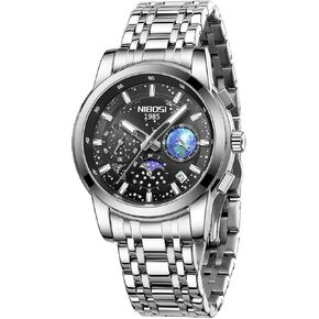 NIBOSI Mens Watches Analog Chronograph Watch with Calendar Waterproof Stainless Steel Strap Men's Wrist Watches Classic Dainty Business Dress Designer Quartz Watches for Men