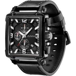 ZUNPAI Square Watches for Men Chronograph Quartz Analog, Mens Sport Watch with Leather Strap Waterproof Calendar for Men