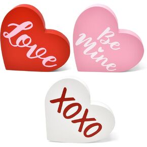 3 Valentine's Day Heart Wooden Table Decor Centerpieces Valentines Tabletop XOXO Be Mine Love Hearts Wood Block Sign Tiered Tray Decorations for Valentine Home Shelf Desk Mantle Party Decoration