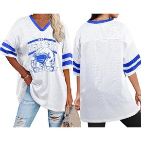 Oversized Football Jersey Tshirt Women Game Day Graphic V-Neck Jersey Tees Football Team Fans Mesh Tshirt