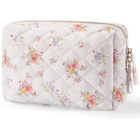 Popvibe Small Quilted Floral Makeup Bag for Purse, White Flower Cotton Quilt Cosmetic Bag for Travel Cute Coquette Mini Bags for Essential Traveling Toiletry Pouch for Women Girls