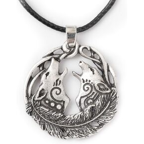 HAQUIL Wolf Necklace, Geri and Freki Howling Wolf Couple Pendant, Faux Leather Cord, Wolf Jewelry Gift (AD)