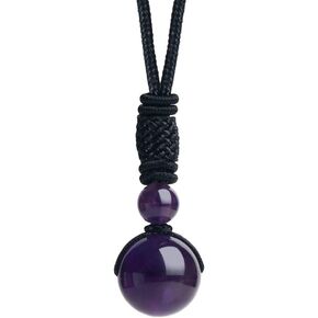 iSTONE Unisex Genuine Round Beads Gemstone Pendant Necklace Black Rope Chain 24 inch for Men Women