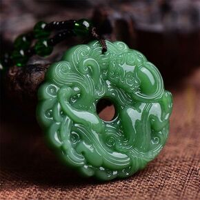 Mnyixsi Fashion Feng Shui Pixiu Jade Pendant Necklace for Men Women, Handmade Carved Dainty Chunky Natural Green Jade Jewelry, Vintage Good Luck Amulet, Hetian Peace Buckle Statement Necklace